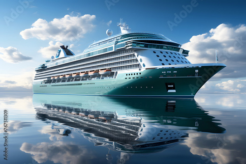 large luxury cruise ship travels the sea along its cruise route. sea ​​recreation and tourism. © photosaint