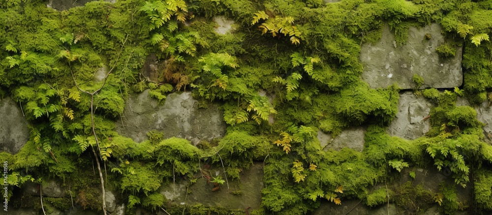 Obraz premium A detailed shot of a wall covered in lush green moss, showcasing the beauty of nature taking over manmade structures
