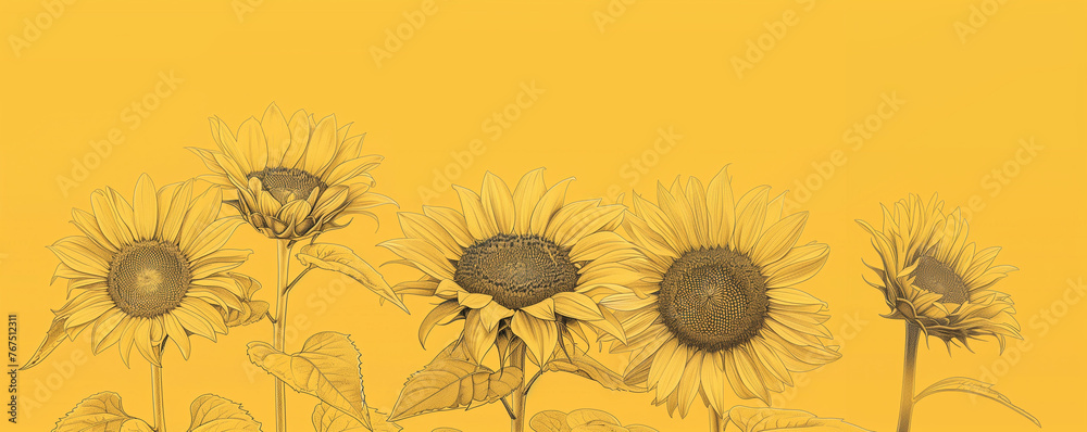 Beautiful sunflowers drawing. View from above. Background with copy space