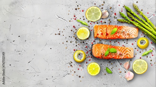 Salmon fillet with asparagus and lemon slices