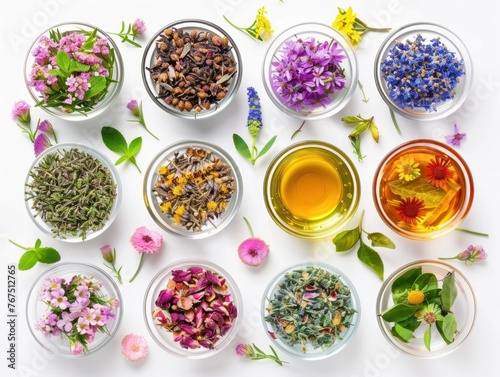 Herbal tea collection varieties of tea leaves and flowers