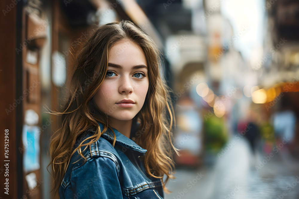 portrait of a beautiful young woman in a blue denim shirt