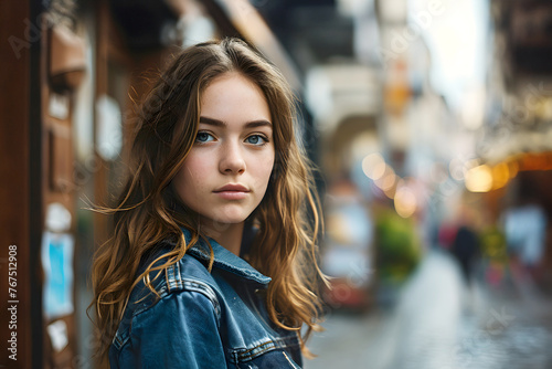 portrait of a beautiful young woman in a blue denim shirt © photosaint