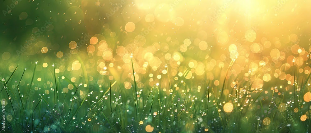 A soft-focus background of a dewy meadow at sunrise with a blurred green and golden palette - obrazy, fototapety, plakaty 