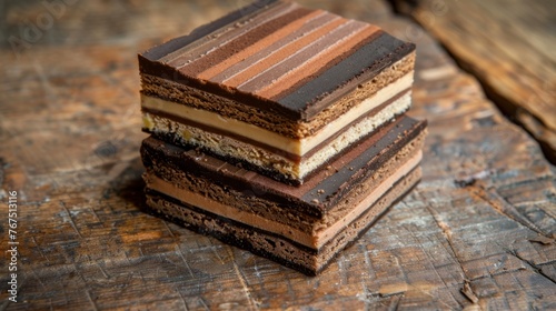 a stack of four slices of cake sitting on top of a piece of brown paper on top of a wooden table.
