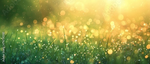 A soft-focus background of a dewy meadow at sunrise with a blurred green and golden palette