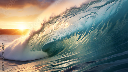 ocean wave close-up against sunset background