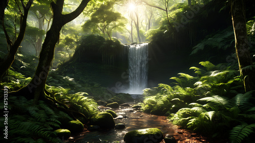 A lush forest scene, with sunlight filtering through the canopy to create dappled patterns on the forest floor, illuminating a hidden waterfall