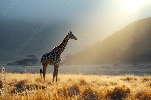 giraffe in the African savanna in the sunlight. mammals and wildlife photo