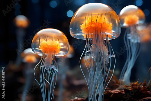 Orange jellyfish or Chrysaora fuscescens or Pacific sea. Underwater world photo