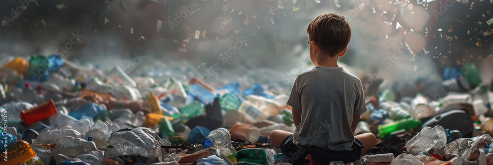 Young child contemplating surrounded by trash - A poignant depiction of a young child in contemplation amongst a vast array of trash, highlighting environmental issues - obrazy, fototapety, plakaty 