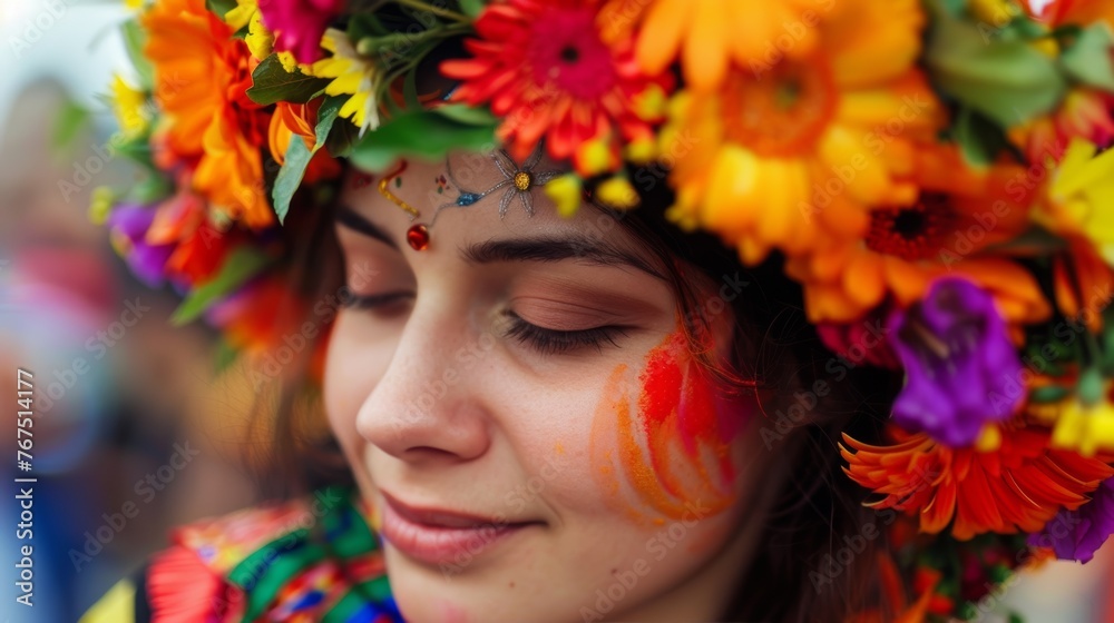 A beautiful flower crown worn by a woman celebrating Cinco de Mayo, showcasing cultural traditions 