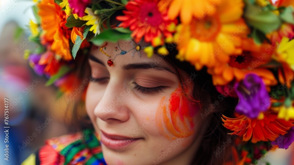 A beautiful flower crown worn by a woman celebrating Cinco de Mayo, showcasing cultural traditions A beautiful flower crown worn by a woman celebrating Cinco de Mayo, showcasing cultural traditions