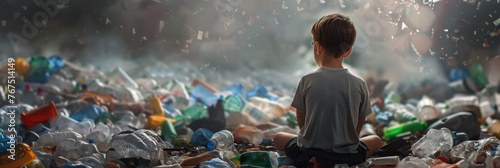 Young child contemplating surrounded by trash - A poignant depiction of a young child in contemplation amongst a vast array of trash, highlighting environmental issues