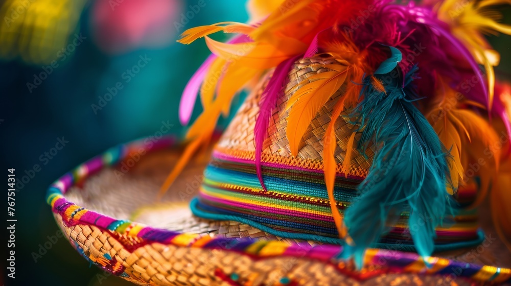 A close-up of brightly colored sombrero adorned with festive ribbons and a playful feather
