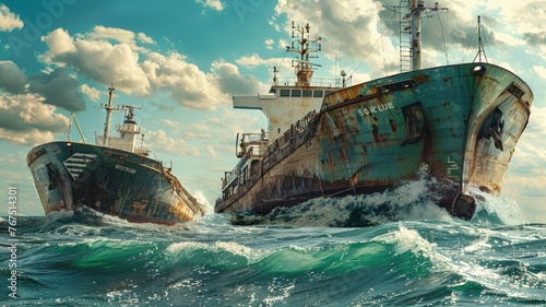 Two ships colliding in rough seas - Vivid depiction of two large cargo ships colliding on turbulent ocean waves under a dramatic sky, showcasing the power of nature and the peril of seafaring photo