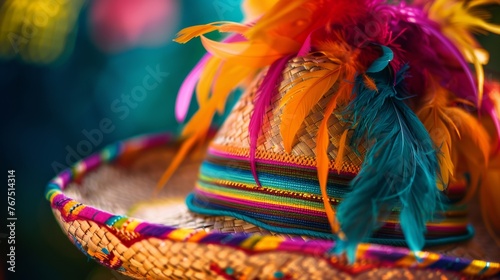 A close-up of brightly colored sombrero adorned with festive ribbons and a playful feather