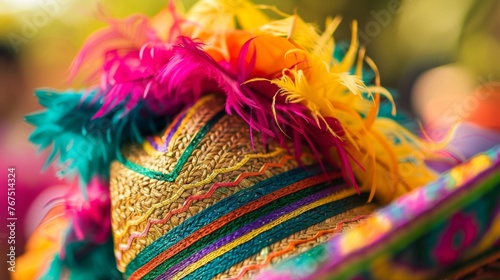 A close-up of brightly colored sombrero adorned with festive ribbons and a playful feather
