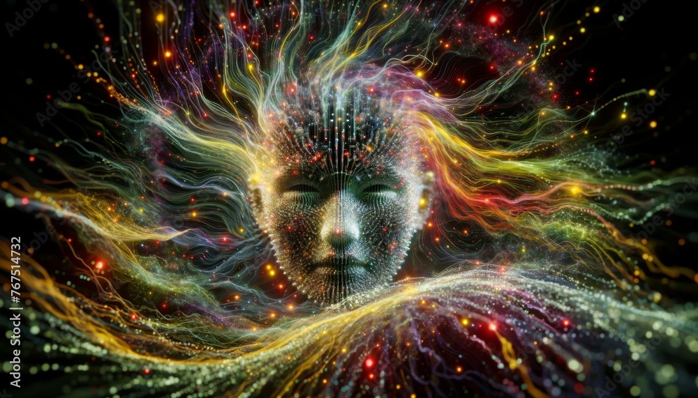 A Visually Arresting Digital Human Face Artwork Emanating Galactic Stardust and Cosmic Energy on a Starry Background