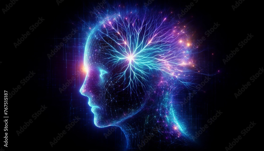 Side View of Digital Human Head with Bright Neural Sparks, Symbolizing Brain Activity, Innovation in Neuroscience, and Technology Integration Side View of Digital Human Head with Bright Neural Sparks, Symbolizing Brain Activity, Innovation in Neuroscience, and Technology Integration