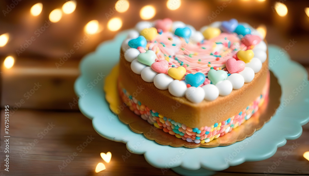 A close-up of a heart-shaped cake with colorful sprinkles on a wooden table with bokeh lights A close-up of a heart-shaped cake with colorful sprinkles on a wooden table with bokeh lights