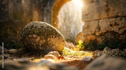 A close-up shot of a weathered stone rolled away from a tomb, sunlight streaming through the opening 