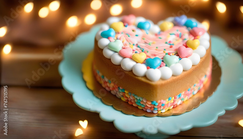 A close-up of a heart-shaped cake with colorful sprinkles on a wooden table with bokeh lights 