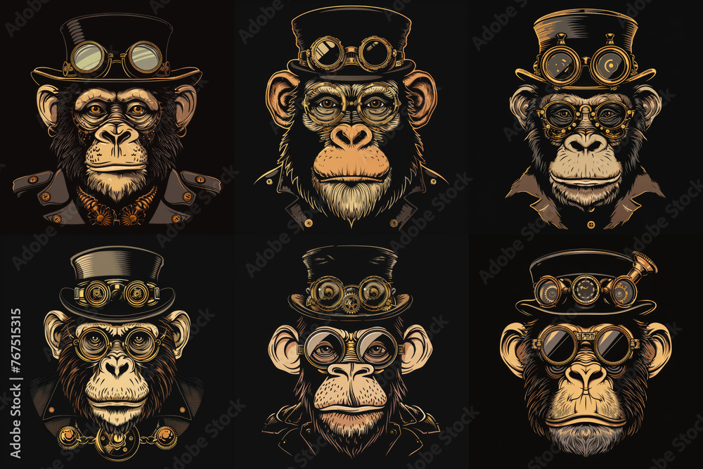 Whimsical Wardrobe, Steampunk Monkey Adorned with Hat and Goggles Whimsical Wardrobe, Steampunk Monkey Adorned with Hat and Goggles