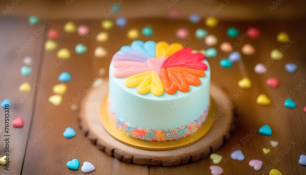 A cake with colorful frosting on a rustic wooden table, with a blurred bokeh background. A cake with colorful frosting on a rustic wooden table, with a blurred bokeh background.