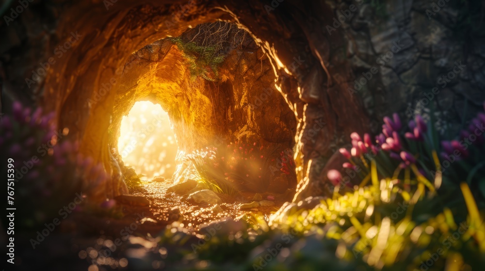 A close-up an empty tomb bathed in soft, ethereal light (Resurrection Sunday) - obrazy, fototapety, plakaty 