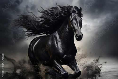 purebred muscular horse gallops on a smoky background. mammal. biology and fauna
