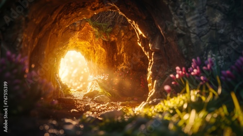 A close-up an empty tomb bathed in soft, ethereal light (Resurrection Sunday)