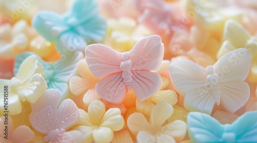 pastel-colored candies in the shape of butterflies and flowers, perfect for spring