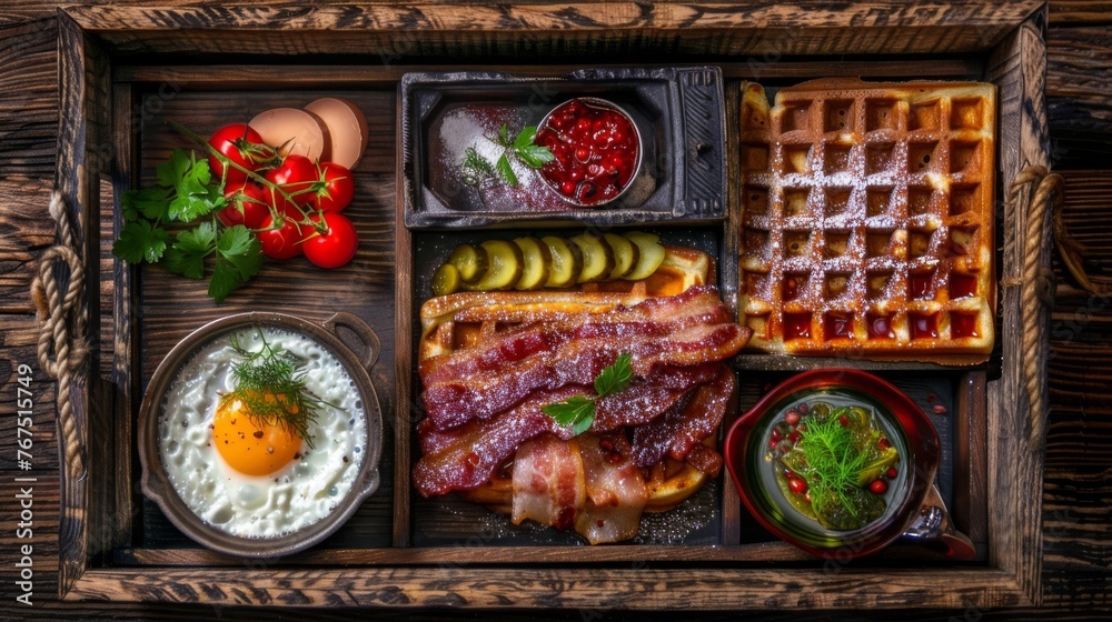  a wooden tray with waffles, eggs, bacon, tomatoes, and a side dish of other food.