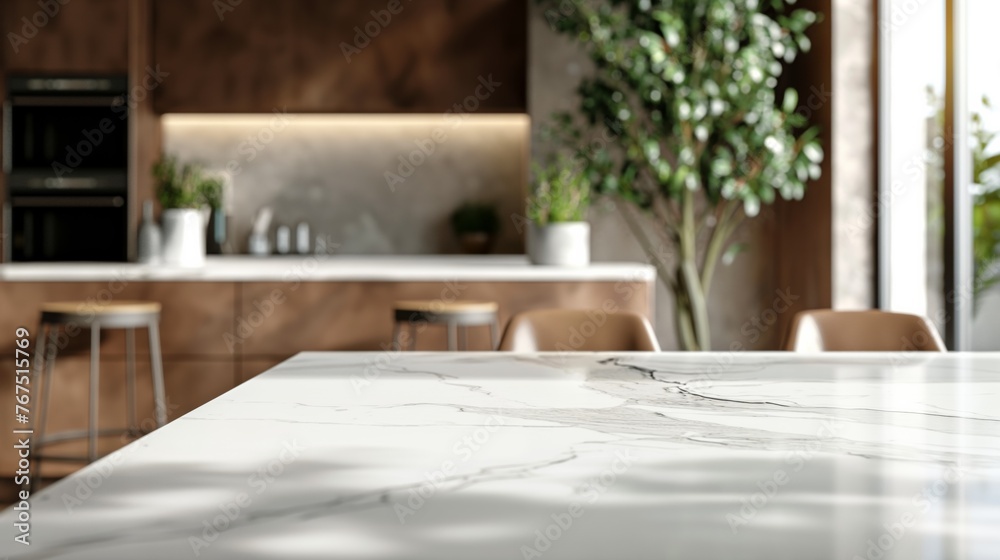 Empty white marble table with natural light and blurred kitchen background.