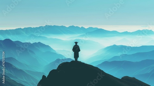A photo of a silhouette of a graduate standing on a mountaintop overlooking a vast landscape, signifying a new beginning --ar 16:9 Job ID: 36690e7e-71a0-4cbc-a138-6ee4a0412e08 photo