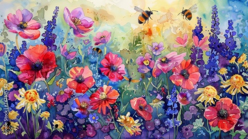 A photo of a vibrant watercolor painting of a spring garden with blooming flowers and buzzing bees