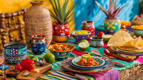 A photo of a vibrantly decorated Cinco de Mayo table setting with traditional dishes and festive tableware