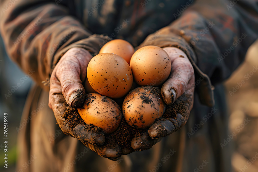 chicken eggs in the hands of a farmer. farming and grocery business