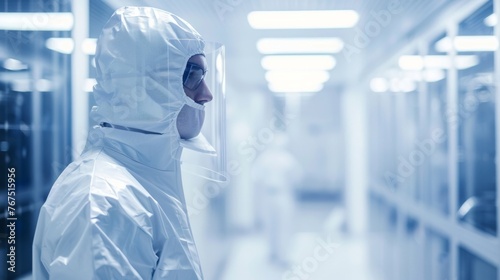 A worker wearing a protective suit monitoring the production process of thinfilm solar panels in a controlled cleanroom environment. . AI generation.