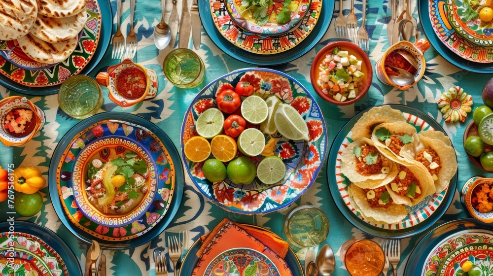 A photo of a vibrantly decorated Cinco de Mayo table setting with traditional dishes and festive tableware
