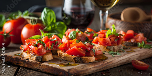Bruschetta with tomatoes  basil and drizzled olive oil on rustic bread slices  generative AI