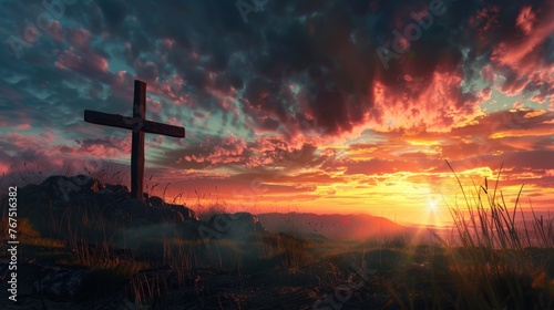 A rugged wooden cross silhouetted against a dramatic sunset sky (Good Friday)