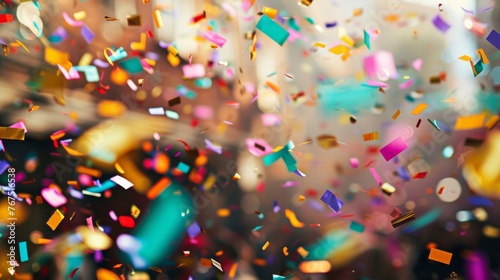 close-up of colorful confetti raining down on a crowd celebrating Cinco de Mayo.