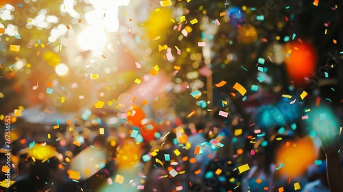 close-up of colorful confetti raining down on a crowd celebrating Cinco de Mayo. © kamonrat