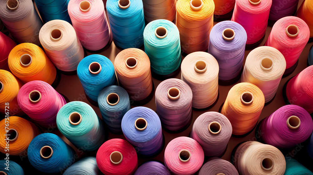 Spools of colorful yarn arranged in a pattern, textile industry