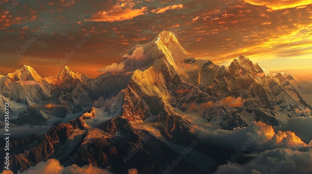 A majestic mountain range bathed in the golden light of dawn, symbolizing hope and renewal  - obrazy, fototapety, plakaty 