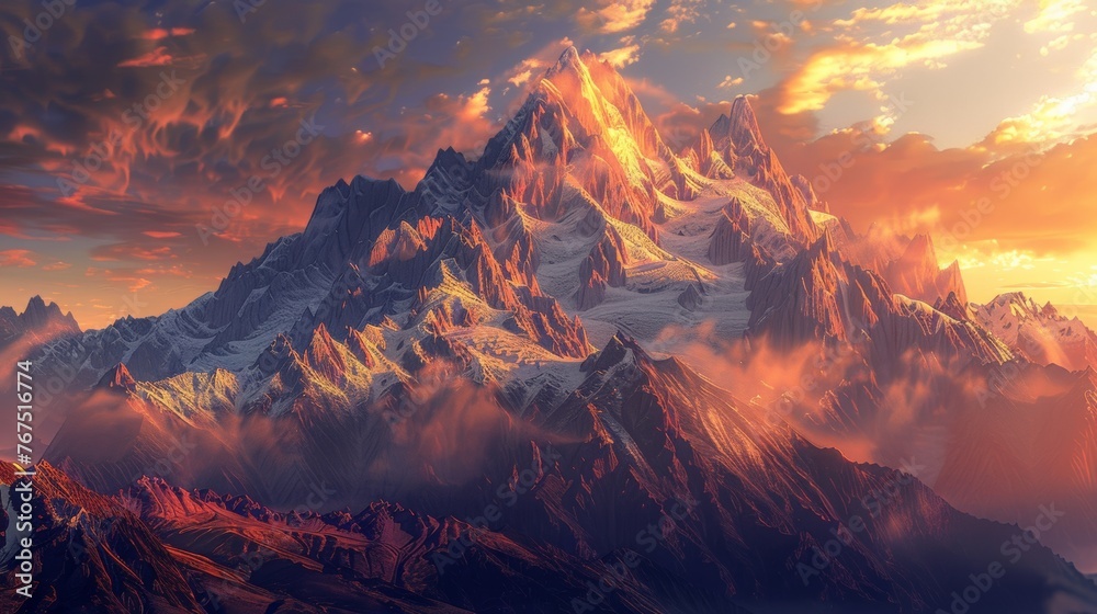 A majestic mountain range bathed in the golden light of dawn, symbolizing hope and renewal 
