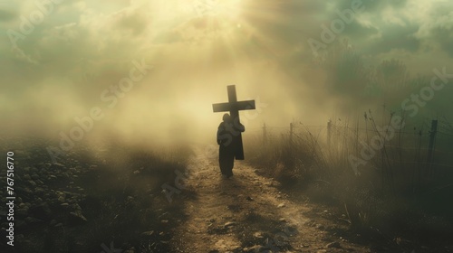 A lone figure carrying a heavy wooden cross on a dusty path 