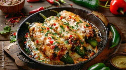 A sizzling plate of chiles rellenos  stuffed chilies with a cheesy filling  a crowd favorite  mexican cuisine